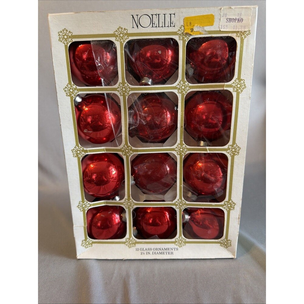 Vintage Noelle Christmas Tree Ornaments – Set of 12 Red Glass Balls w/ Box